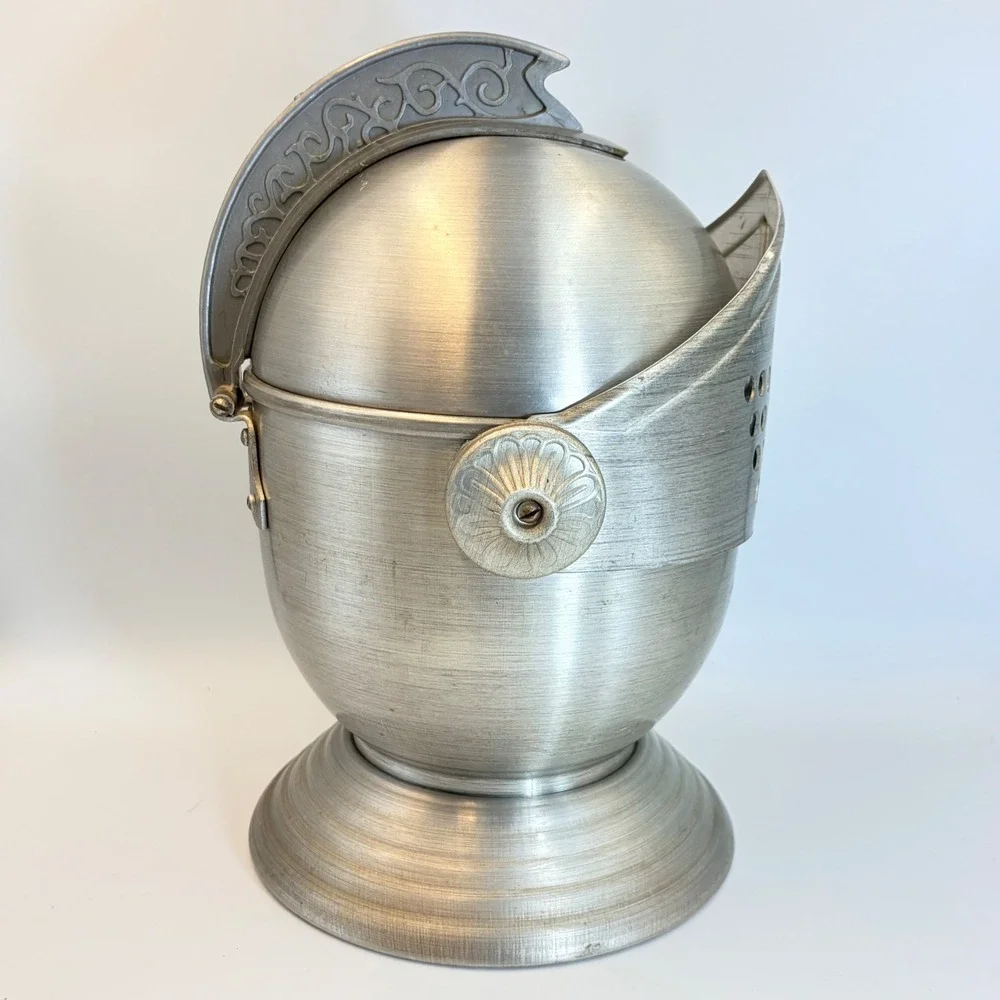 Vintage Knight Helmet Ice Bucket Aluminum Medieval Barware Silver Tone Insulated